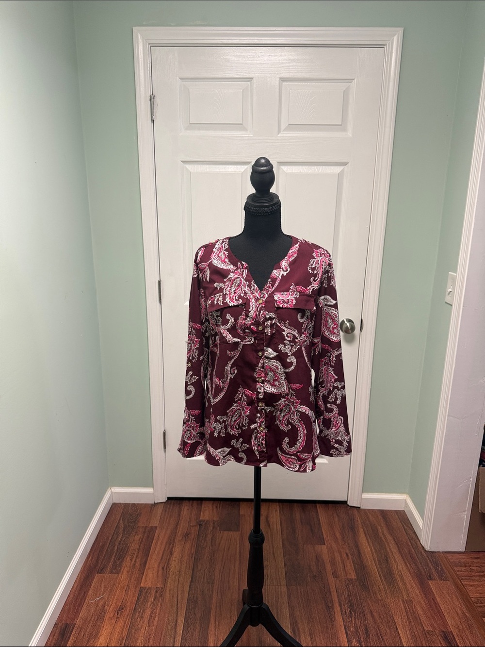croft & barrow Burgundy Paisley V-Neck Button Blouse